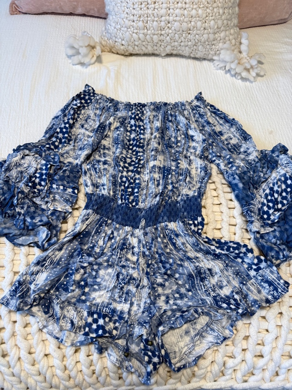Surf Gypsy Blue and White Off-Shoulder Romper Coverup